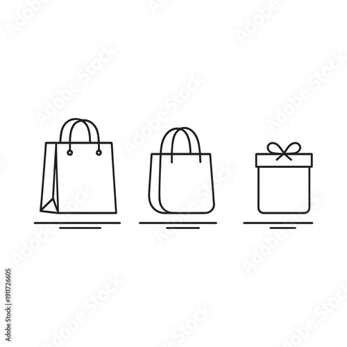 Simple line drawings of shopping bags and gift box on white background