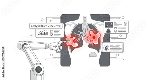 An advanced robotic arm points to a human lung X-ray, highlighting disease detection and medical analysis using artificial intelligence.