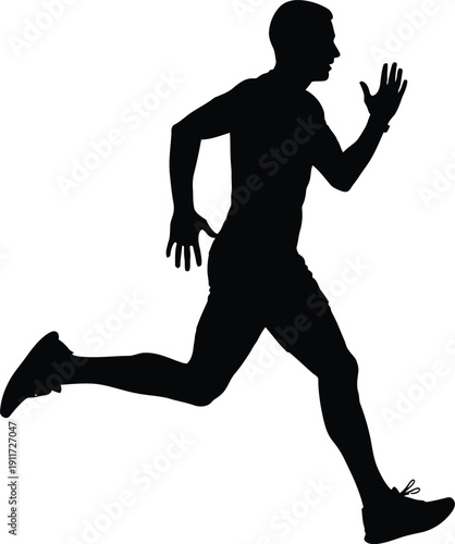 Silhouette of a male runner sprinting on a white background representing fitness and speed