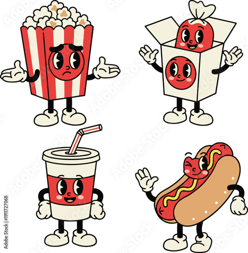 Vintage cartoon characters of popcorn hot dog soda and candy box on white background Keywords: popcorn, hot dog, soda, candy