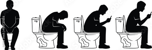 Black Silhouette Vector Collection with Men Sitting on Toilets Using Smartphones and Resting Isolated on White Background for Bathroom Design Elements