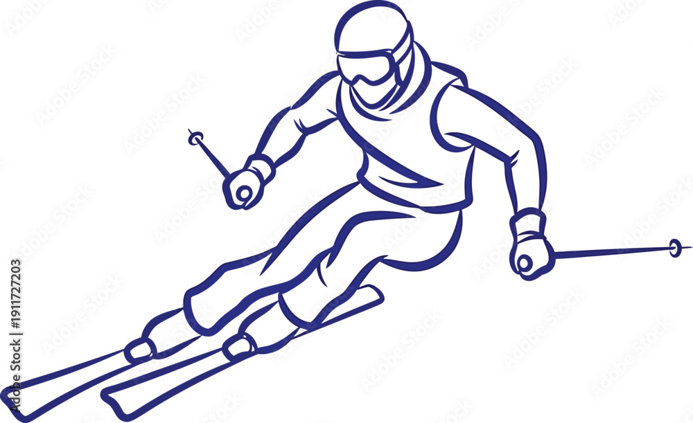 Fototapeta premium Minimalist blue line drawing of a skier descending a slope in a crouched athletic pose