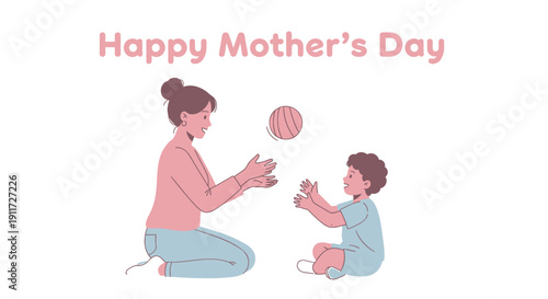Mother and toddler playing with ball on floor in vector illustration