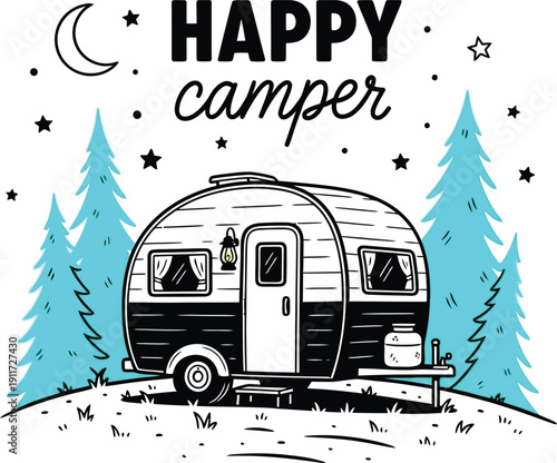 Happy camper vintage travel trailer in a pine forest under a starry night sky with moon.