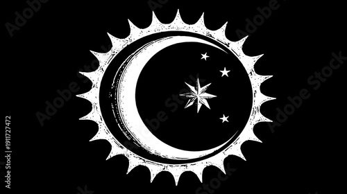 A white sun, crescent moon, a starburst and stars on a black background