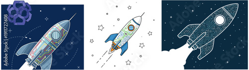 A captivating collection of rocket illustrations, depicting various styles of spacecraft launching into the starry expanse of space, symbolizing innovation and exploration.