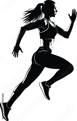 Silhouette of a fit woman running with determination against a white background.