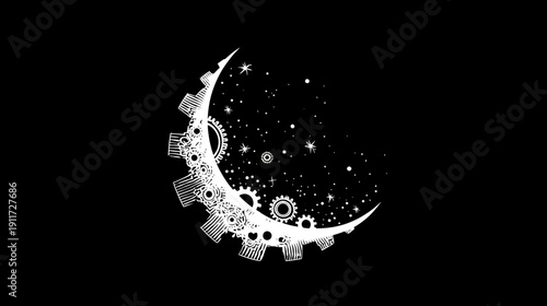 Black background illustration featuring a crescent moon design integrated with cogs and stars