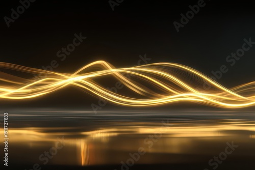 Abstract Golden Light Streaks with Reflective Surface Against Dark Background