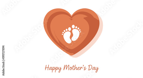 Vector orange heart with baby footprints isolated on transparent background for Mother's Day