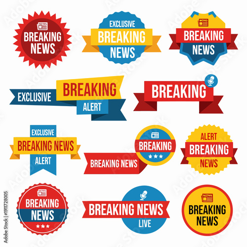 Breaking news logo badges isolated on light background