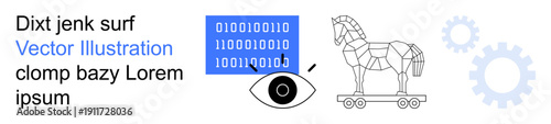 Cybersecurity, digital threats, malware, hacking, online security, data protection. Binary code, Trojan horse and eye symbol with gears. Cybersecurity and digital threats illustration