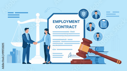 Businessman and businesswoman shaking hands over employment contract with justice scale and gavel, Equal employment agreement and labor law concept