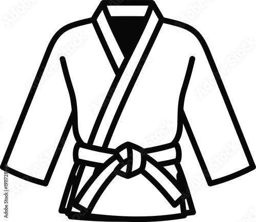 Minimalist black and white line art illustration of a traditional martial arts uniform with a belt