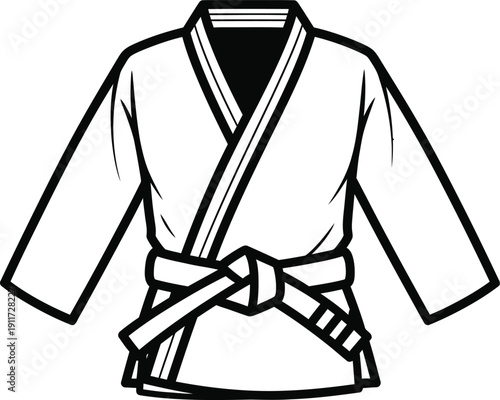 Black and white line art illustration of a traditional martial arts uniform with a tied belt.