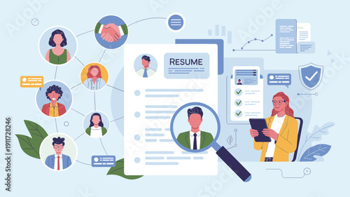 Human resources recruiter reviewing resume with candidate profiles and magnifying glass, Employee selection and recruitment process concept