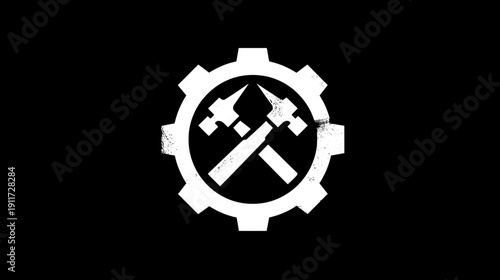 A white gear-shaped symbol features crossed hammers inside, with a grunge texture effect on black backdrop