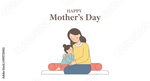 Mother and child sitting together on yoga mats with Happy Mother's Day text