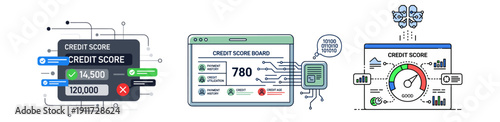 A comprehensive illustration depicting various credit score interfaces, financial data analysis, and digital banking concepts for modern finance.