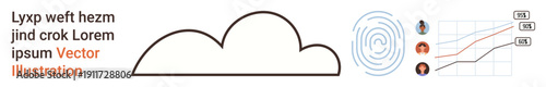 Cloud computing, data storage, identity verification, cybersecurity, analytics, biometric security. Cloud outline, fingerprint pattern data graph. Cloud computing and data storage