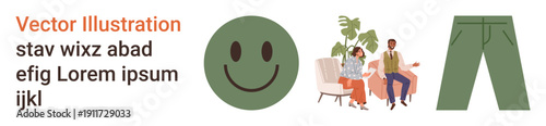 Communication, social interaction, casual fashion, design elements, wellness, wearable styles. Green happy face, two people seated and talking and green pants. Communication and casual fashion
