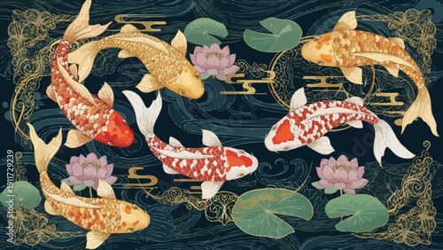 Koi fish illustration elegant decorative design with water lilies and gold accents