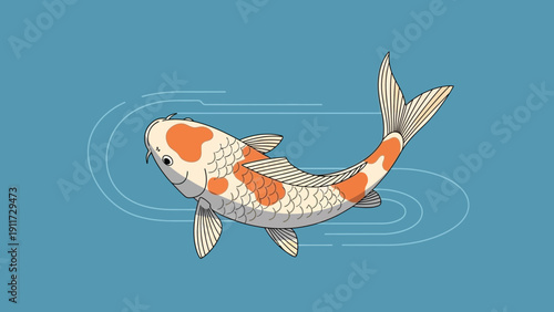Koi fish illustration orange white pattern on blue water background