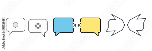 A conceptual illustration depicting different stages of communication or interaction, from initial thoughts to active dialogue and conflict resolution.