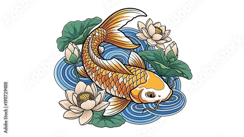 Koi fish illustration surrounded by water lilies design element