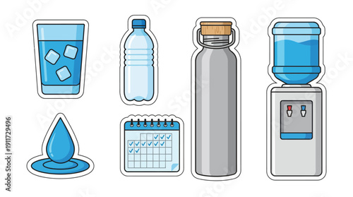 Hydration & Health Icons: Water bottle, glass, cooler, and calendar for intake, promoting wellness, fighting obesity in flat outlined blue vector art, isolated sticker set.