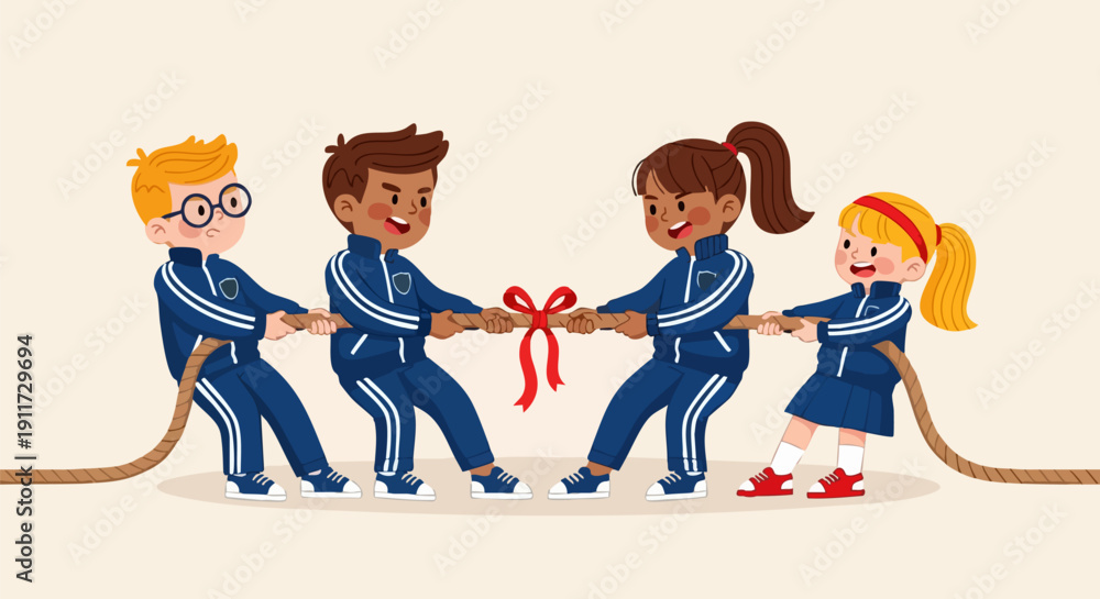 Naklejka premium Vector illustration of four diverse elementary school children in blue tracksuits playing tug-of-war with a red ribbon tied in the middle, isolated on a light beige background.