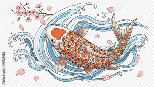 Koi fish illustration with cherry blossoms and flowing water design