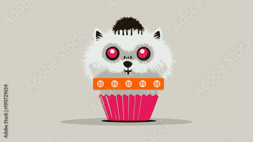 A cartoon cupcake with a fluffy white furry head, black hair, and pink eyes, orange collar