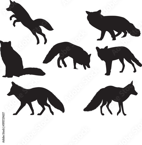 Silhouettes of various foxes in different poses and positions.