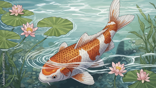 Koi fish swimming among lily pads and lotus flowers in tranquil water