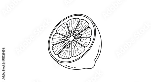 Hand drawn illustration of a single lemon half on white background.