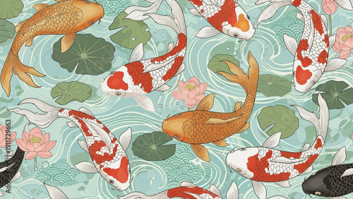 Koi fish swimming among water lilies and lotus flowers design