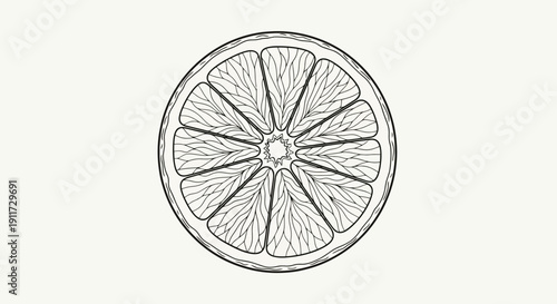 Hand drawn sketch of a single orange slice with segments visible.
