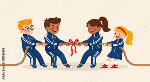 Vector illustration of four diverse elementary school children in blue tracksuits playing tug-of-war with a red ribbon tied in the middle, isolated on a light beige background.