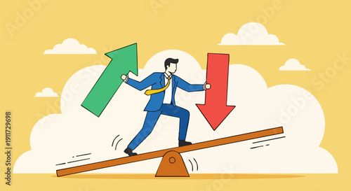 Vector illustration of a businessman balancing on a wooden seesaw with a green up arrow and a red down arrow, symbolizing risk management and business strategy on a pale yellow background.