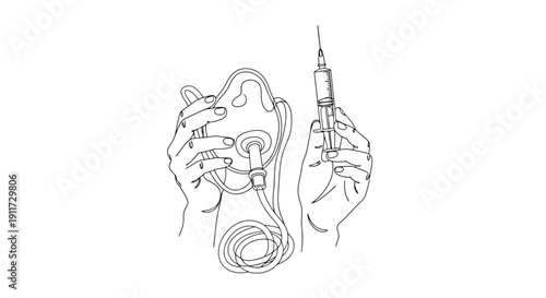 Hands holding medical oxygen mask and syringe line art illustration.