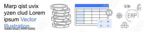 Financial planning, enterprise software, resource management, budgeting analysis, business optimization, data integration. Stack of coins, spreadsheet ERP symbol with tools. Financial planning