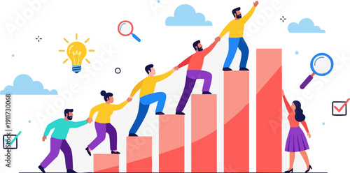 Vector illustration of a diverse team climbing a red bar chart, helping each other reach the top, isolated on a white background.