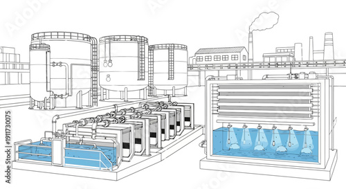 Industrial water treatment plant illustration with tanks and filtration system.