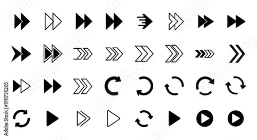 vector collection of media player icons showcasing fast forward play and refresh symbols for modern user interface and app design.