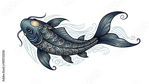 Stylized koi fish artwork in circular arrangement against flowing lines
