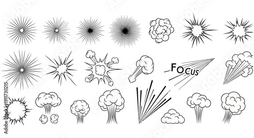 vector comic book graphic elements dynamic explosions starbursts speed lines and smoke effects conveying action and energy for designs.