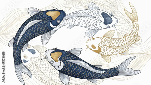 Stylized koi fish artwork in a swirling pattern with elegant details