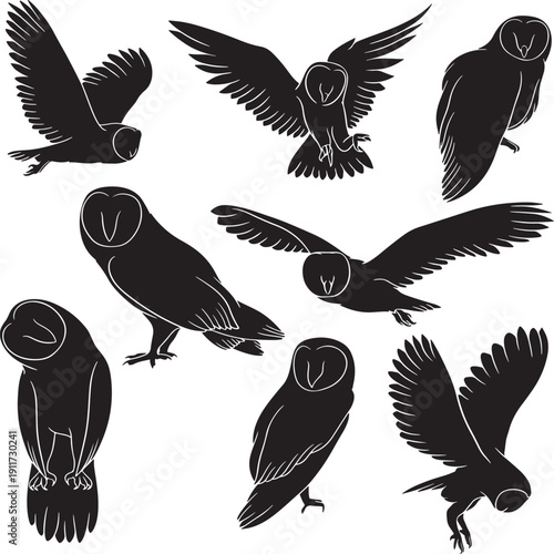 A collection of various black silhouettes of birds in different poses and flight positions