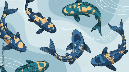 Stylized koi fish illustration floating in water decorative digital art